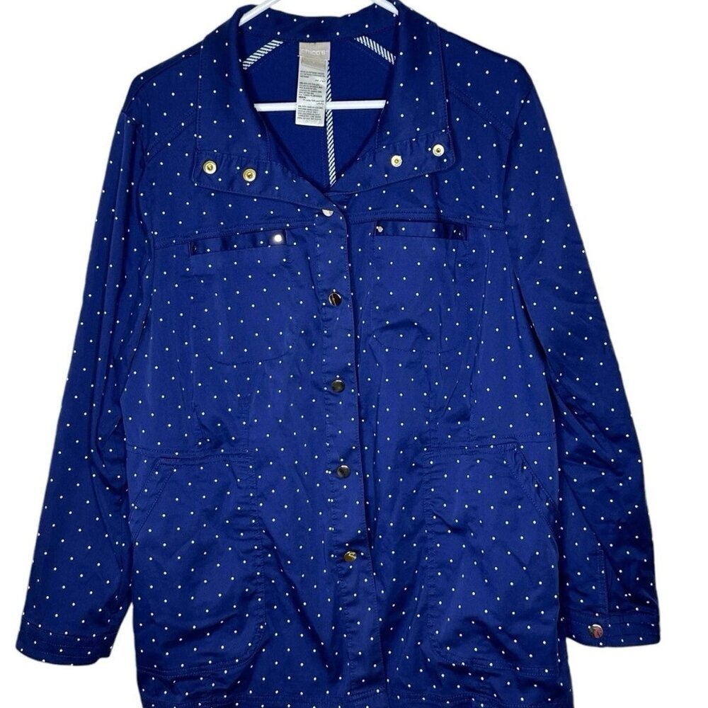 CHICOS XL/3 BLUE POLKA DOT SNAP FRONT UTILITY JACKET W POCKETS - Picture 1 of 6